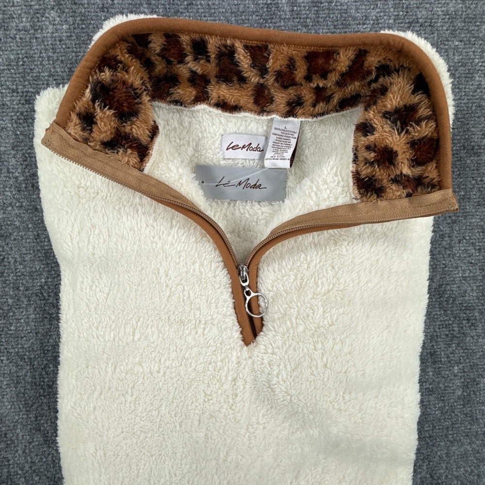Le Moda Sherpa Pullover Womens Large Cream Leopard Teddy Fleece Quarter Zip NWT